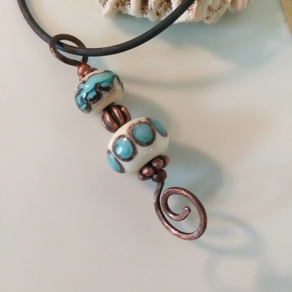 Handcrafted Lampwork Glass Bead n Recycled Copper Pendant  Turquoise Light Ivory - Picture 1 of 9